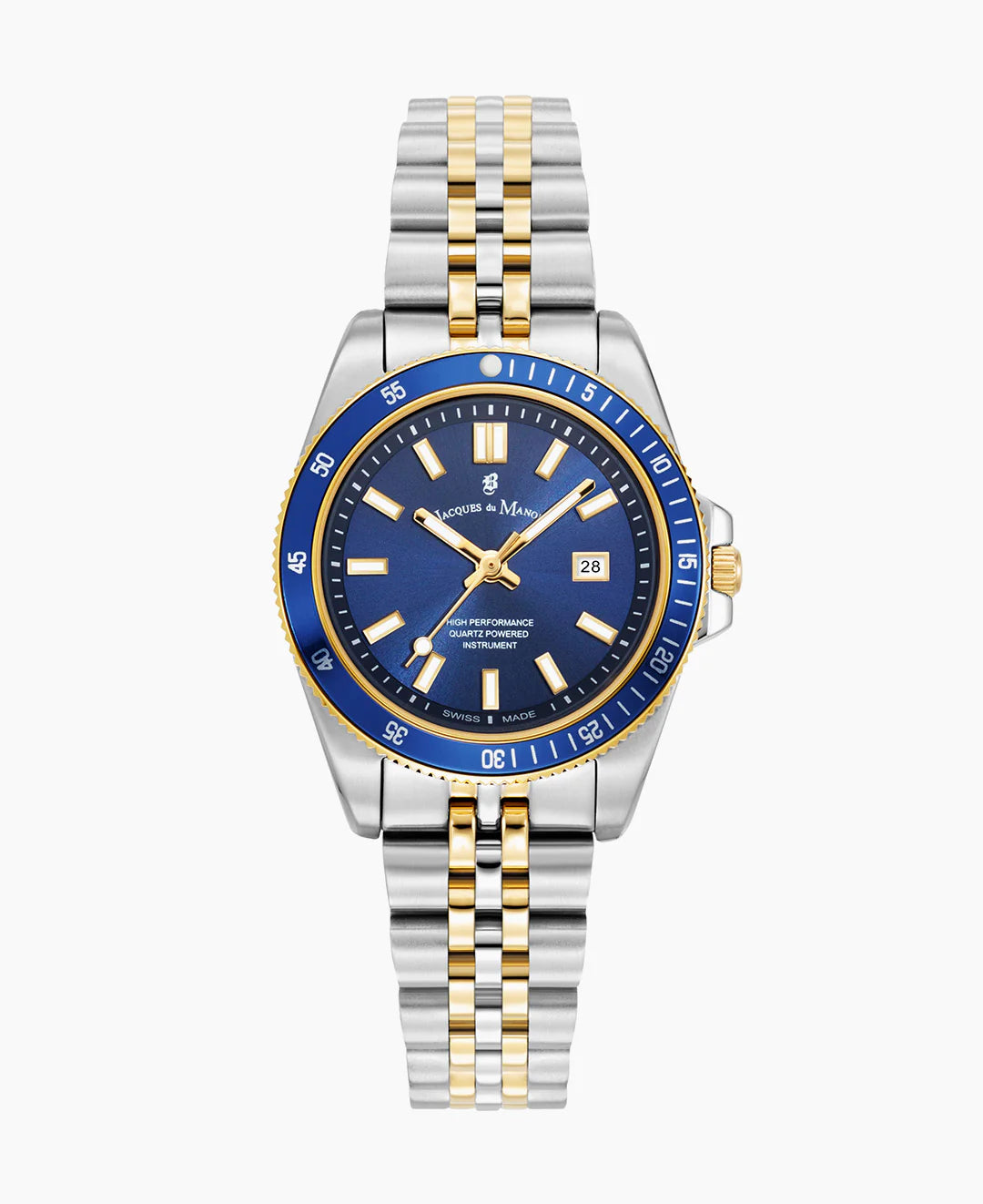 Reloj con caja plateada, esfera azul, bisel dorado y correa de acero con detalles dorados.