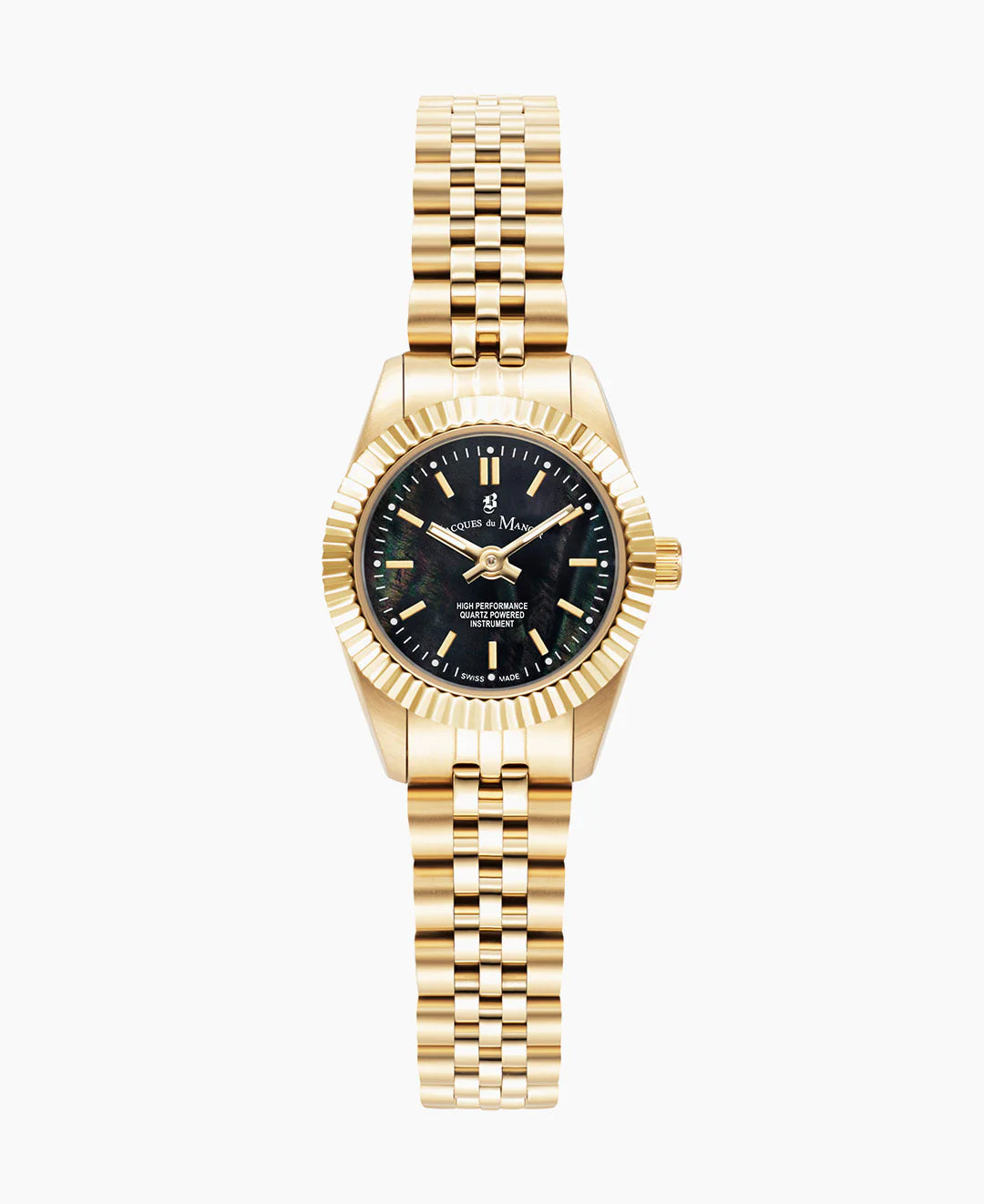 Reloj de mujer con caja dorada, esfera negra y correa de eslabones dorados.