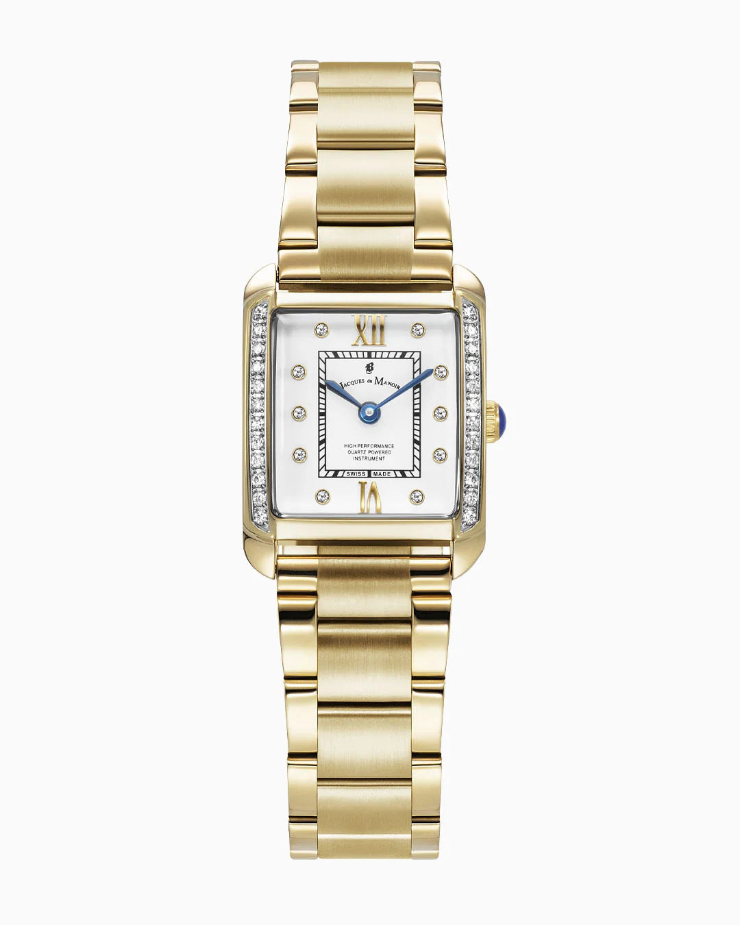 Reloj de dama rectangular dorado con esfera blanca y detalles de diamantes.