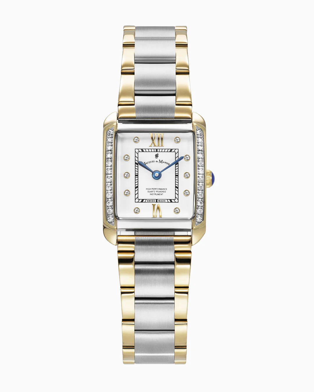 Reloj de dama con caja rectangular en acero inoxidable plateado y dorado, esfera blanca con diamantes.