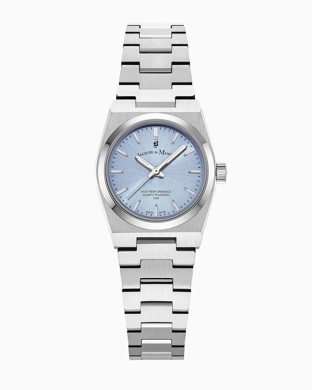 Reloj de mujer con esfera azul claro y correa de acero inoxidable.