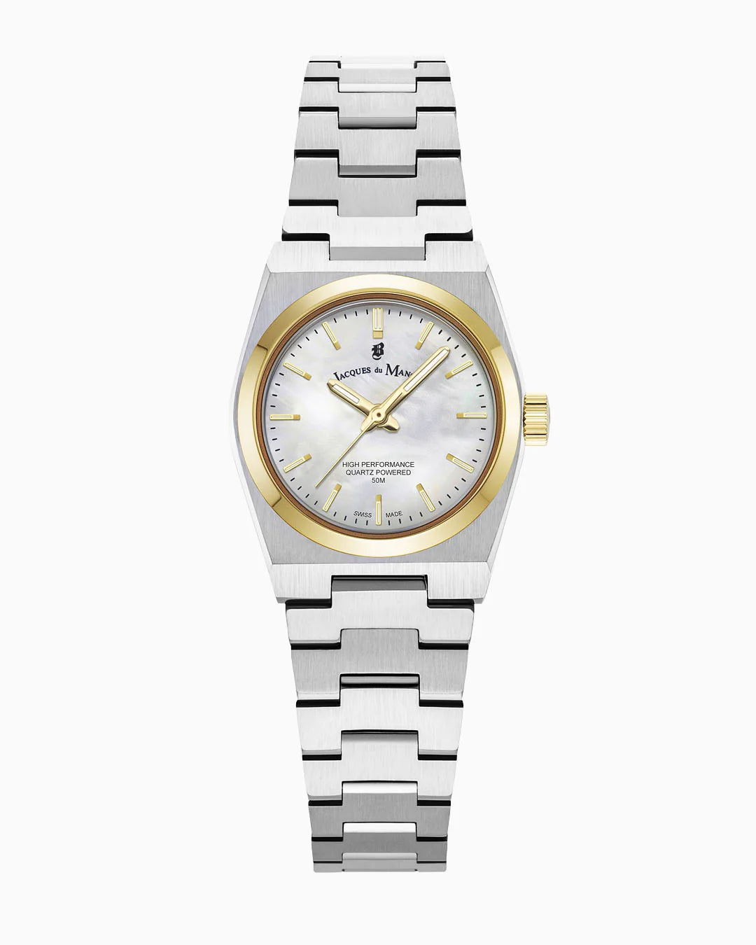 Reloj de mujer con esfera blanca, caja plateada y detalles dorados, correa de acero inoxidable.