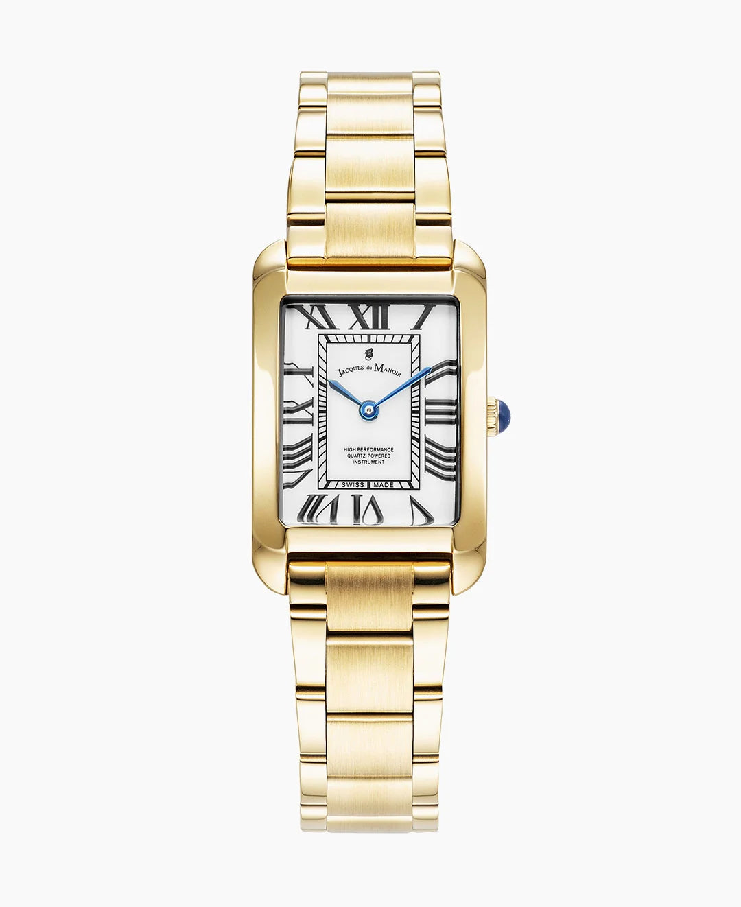 Reloj rectangular dorado con esfera blanca y números romanos, correa de eslabones.
