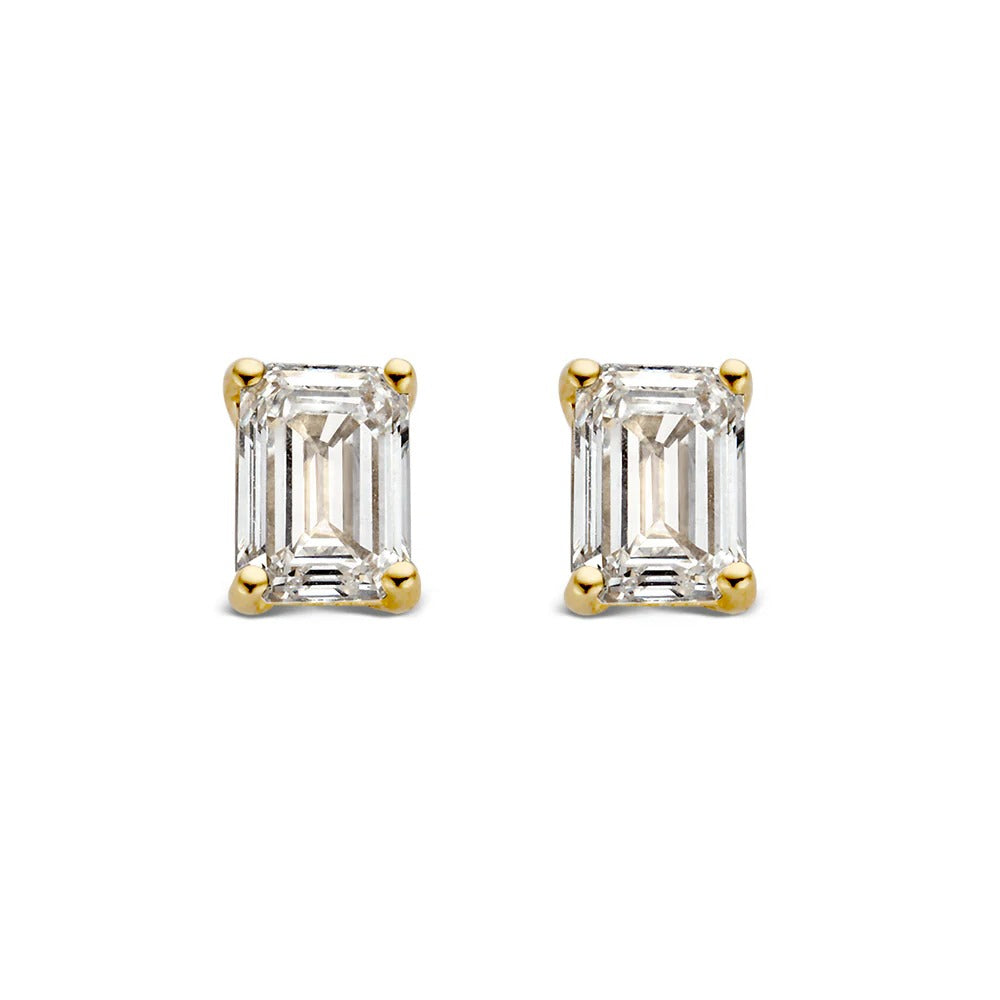 Pendientes de oro amarillo con piedras brillantes en forma rectangular.