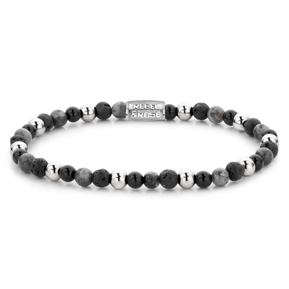 Pulsera de cuentas de 4 mm en tonos negros y grises con detalles en blanco.