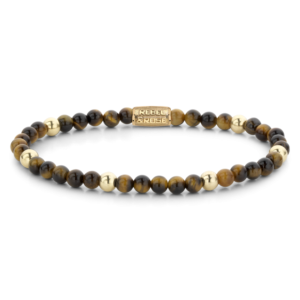 Pulsera de cuentas de 4 mm en tonos marrones y dorados, con acabado en oro amarillo ionizado.