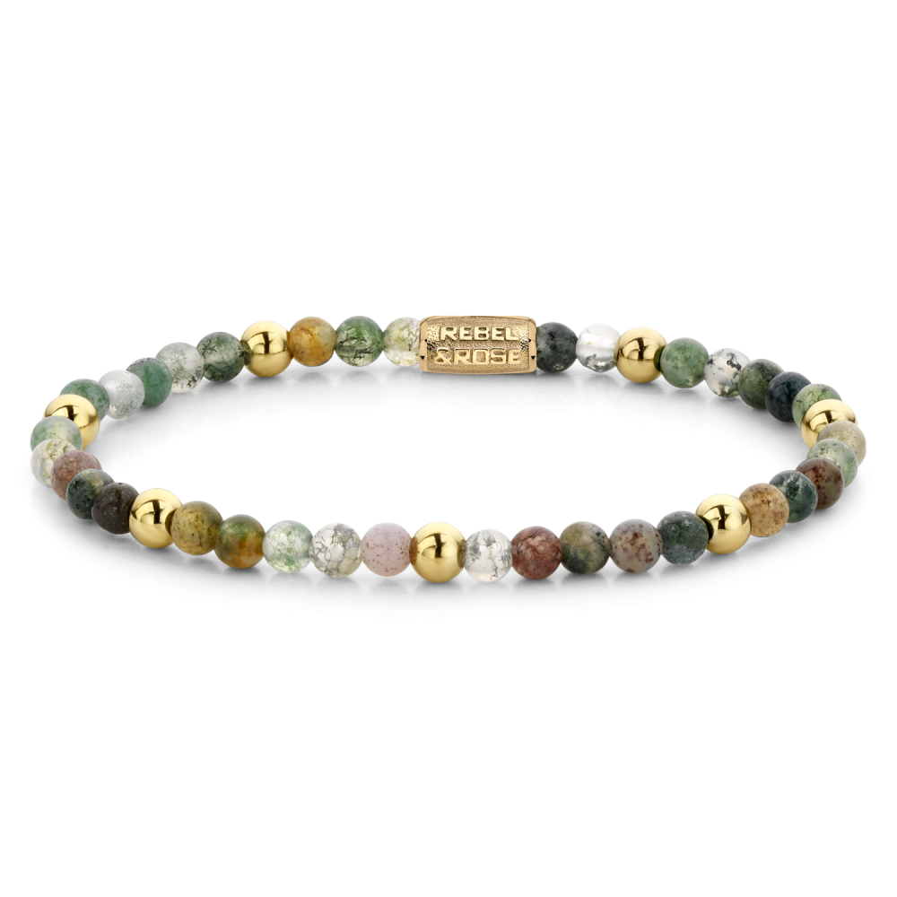 Pulsera de cuentas con perlas multicolores y detalles en oro amarillo ionizado de 18 quilates.