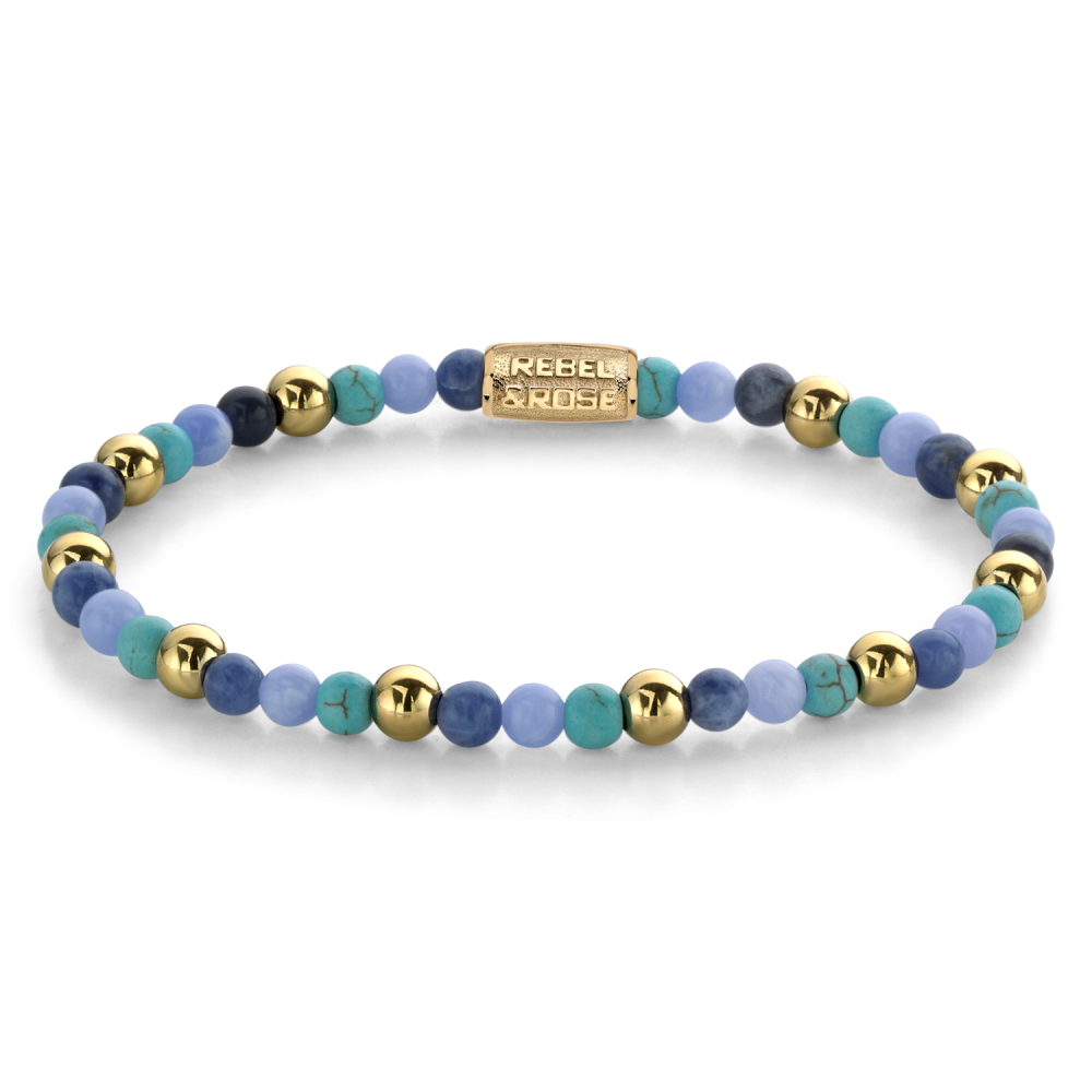 Pulsera de cuentas de 4 mm con bolas doradas ionizadas y piedras en tonos azules y verdes.