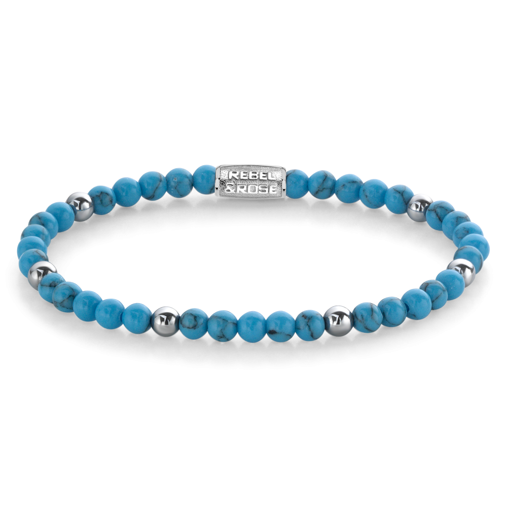 Pulsera de cuentas de 4 mm en turquesa con detalles plateados.