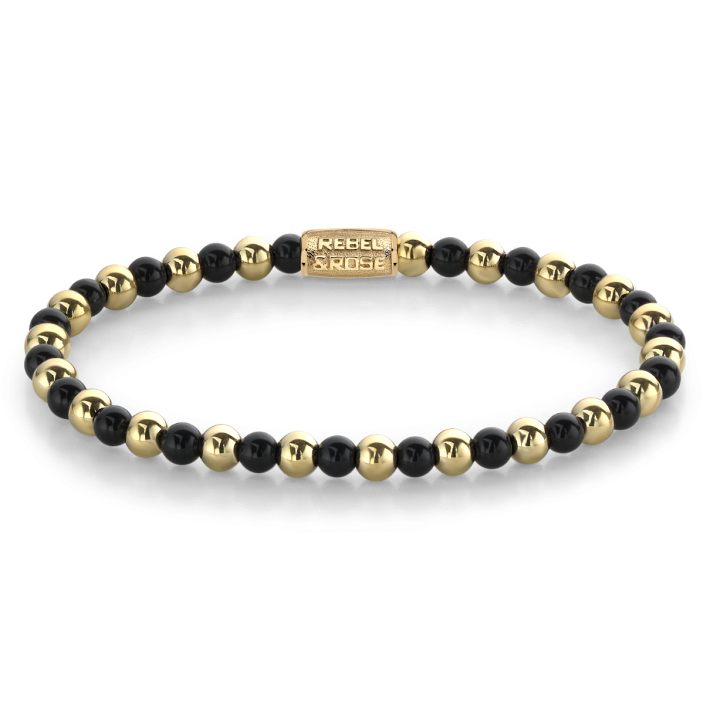 Pulsera de cuentas con esferas de acero inoxidable dorado y negro de 4 mm.