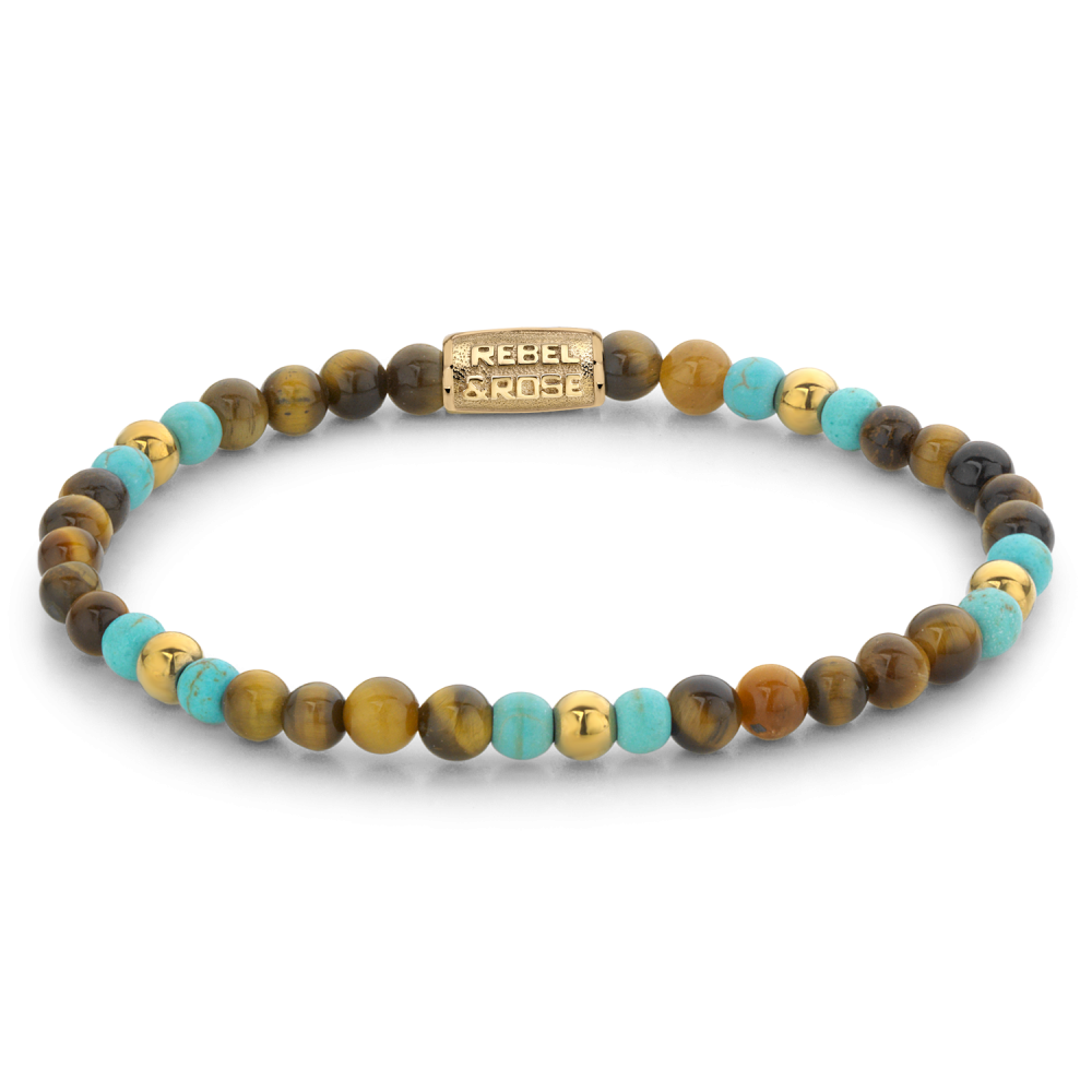 De Rebel & Rose Mix Tiger Turquoise Kralen Armband Dames heeft 4 mm turquoise, bruine en beige kralen met een 18 kt geelgouden geïoniseerde sluiting, perfect voor dames sieraden liefhebbers.