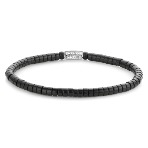 Pulsera de hombre negra de 4 mm con cuentas rectangulares y cierre metálico.