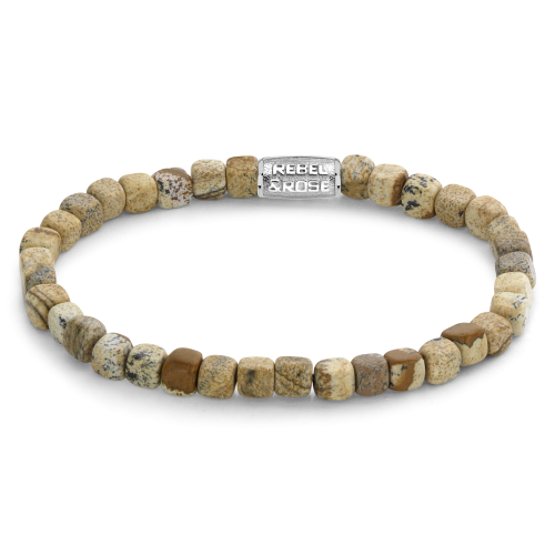 Pulsera de cuentas para hombre de 4 mm en tonos marrones y beige con detalles plateados.