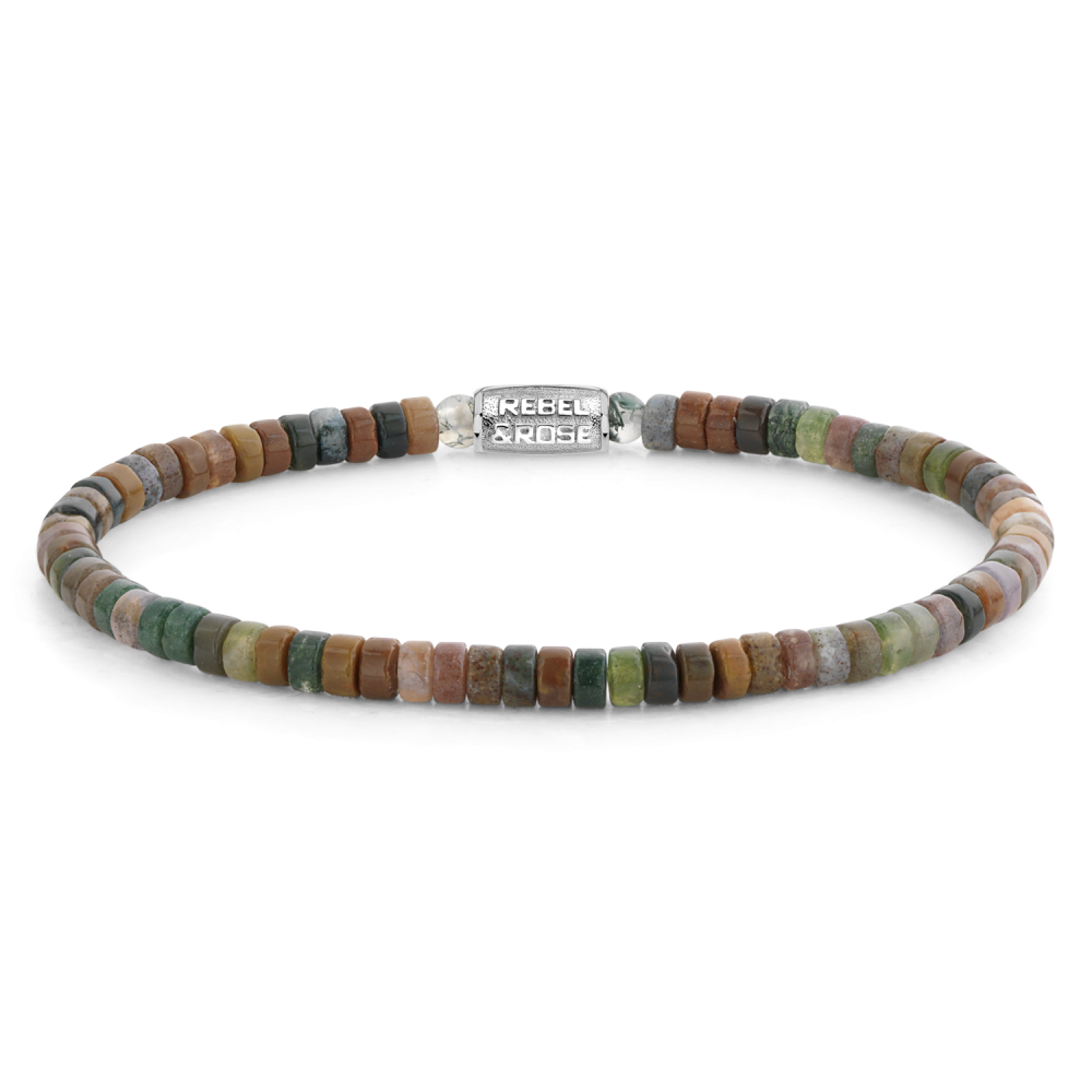 Pulsera de cuentas para damas con piezas de 4 mm en tonos marrones, verdes y grises.