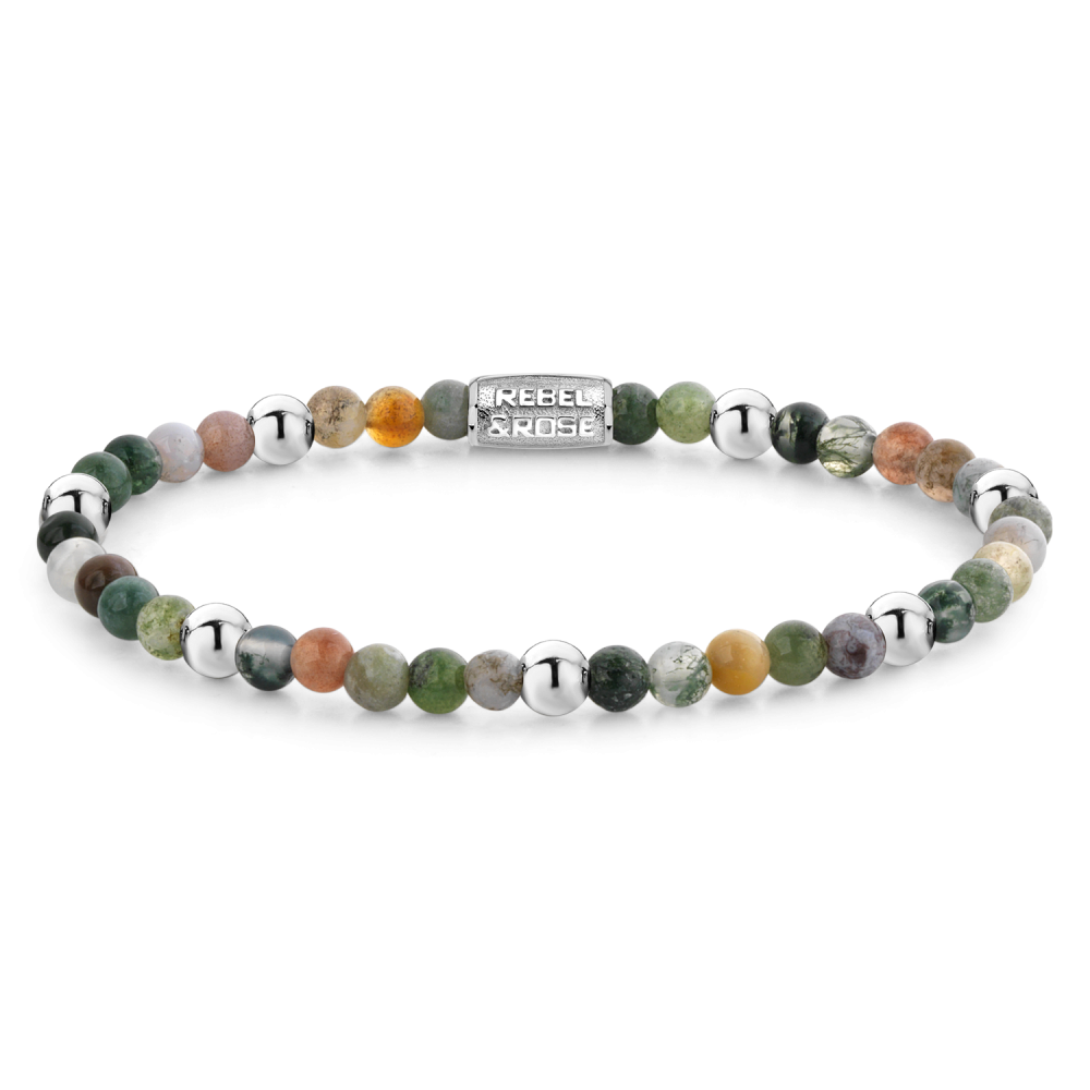 Pulsera de cuentas de 4 mm en tonos verdes, naranjas y grises, con detalles plateados.