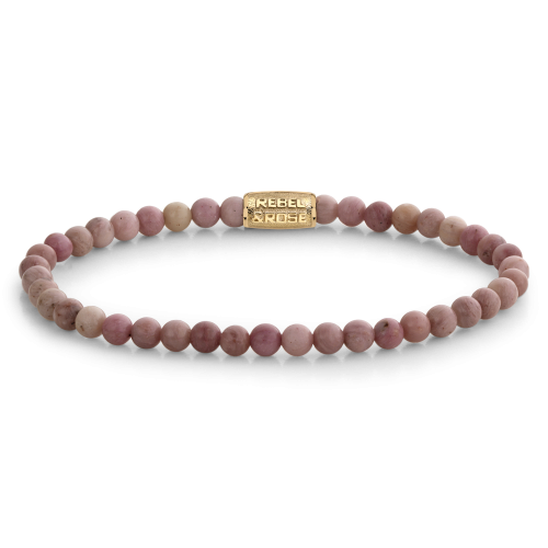 Pulsera de cuentas de 4 mm en tonos rosa con detalle dorado en el centro.
