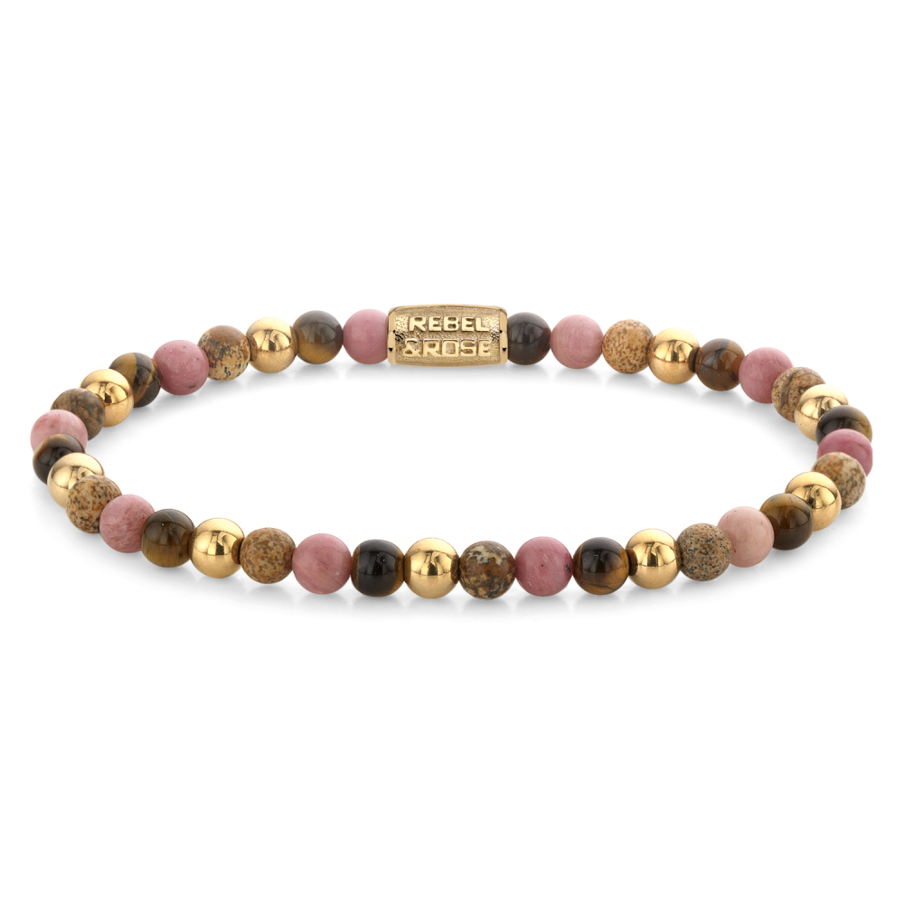 Pulsera de cuentas de 4 mm con chapado en oro amarillo de 18 ct y detalles en tonos rosa y negro.
