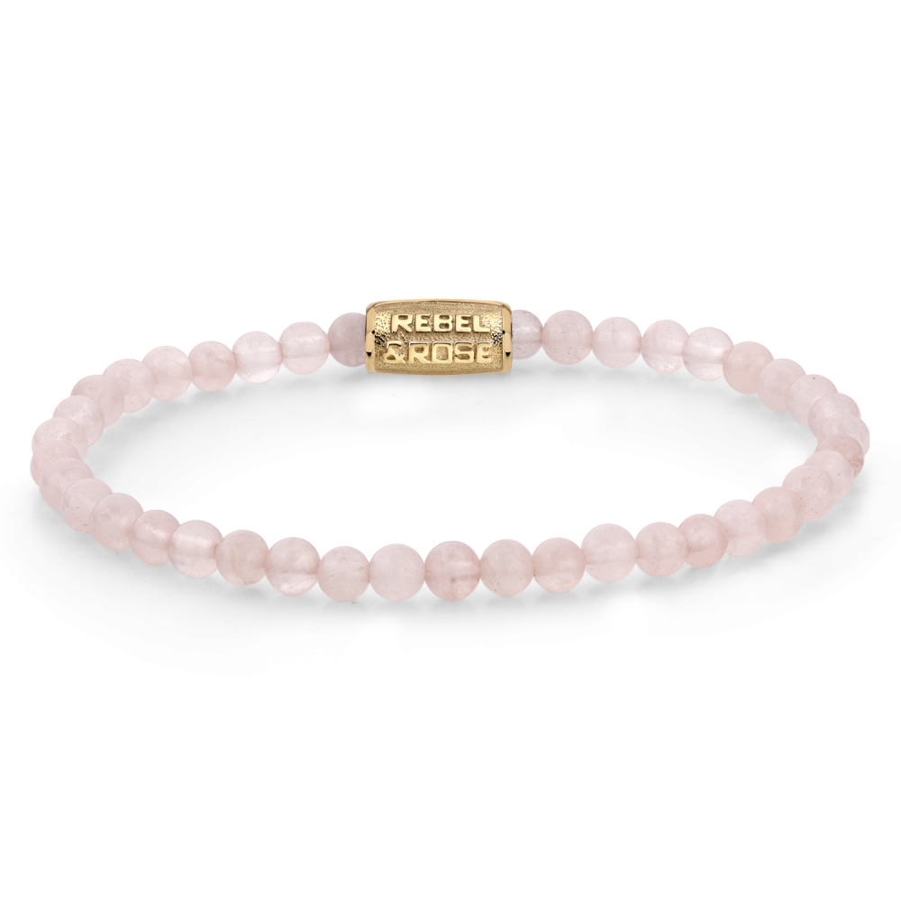 Pulsera de cuentas rosa dorada de 4 mm con detalle en metal dorado grabado.