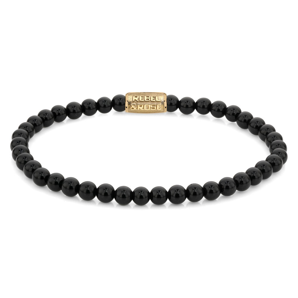 Pulsera de cuentas negras de 4 mm con cierre dorado.