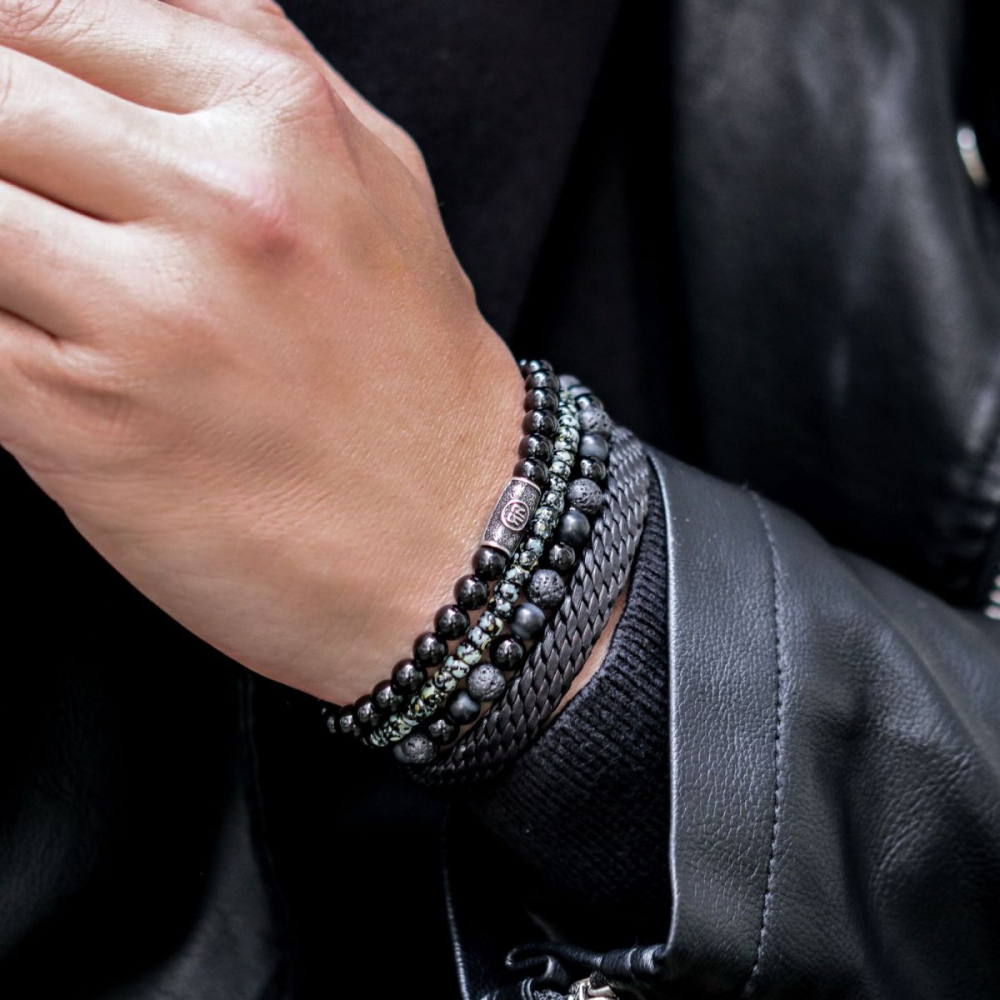 Pulsera de hombre de cuentas Glass Rocks Black Leopard - 4mm