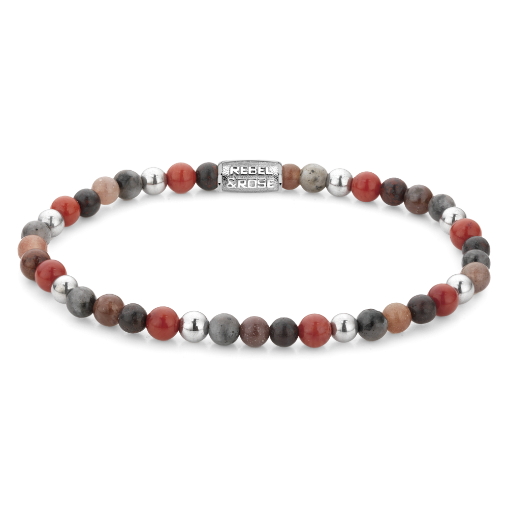 Pulsera de cuentas de 4 mm con piedras en tonos cálidos, grises y plateados.