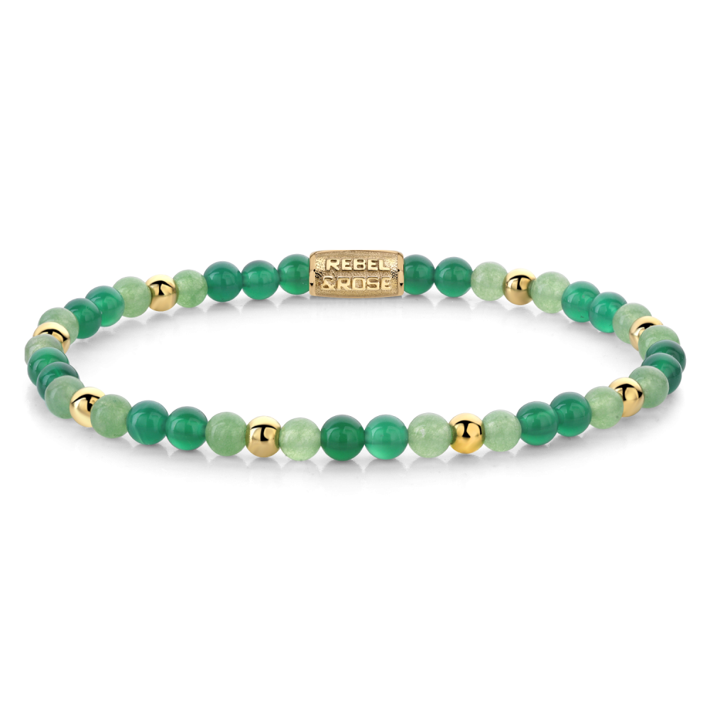 Pulsera de cuentas con perlas verdes y detalles en oro amarillo ionizado de 18 quilates.