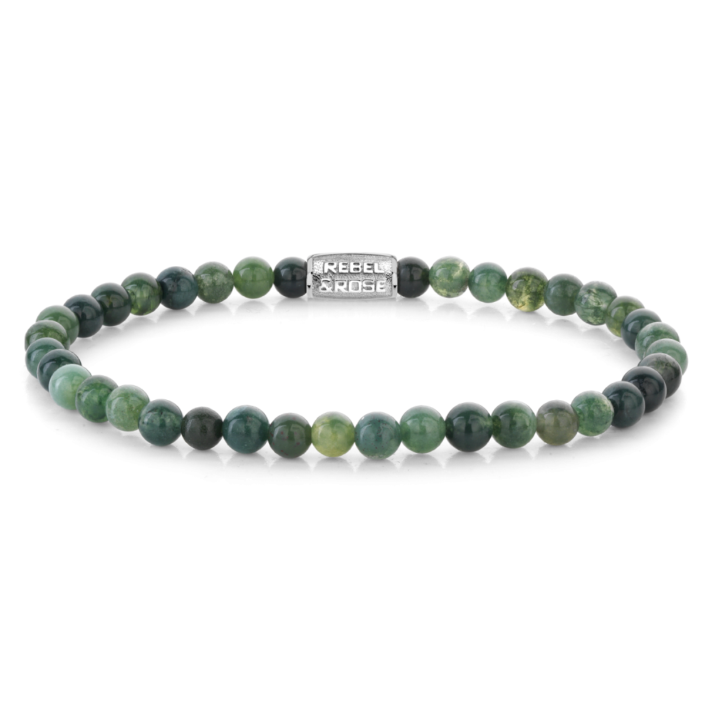 Pulsera de cuentas para hombres de 4 mm en tonos verdes con detalles plateados.