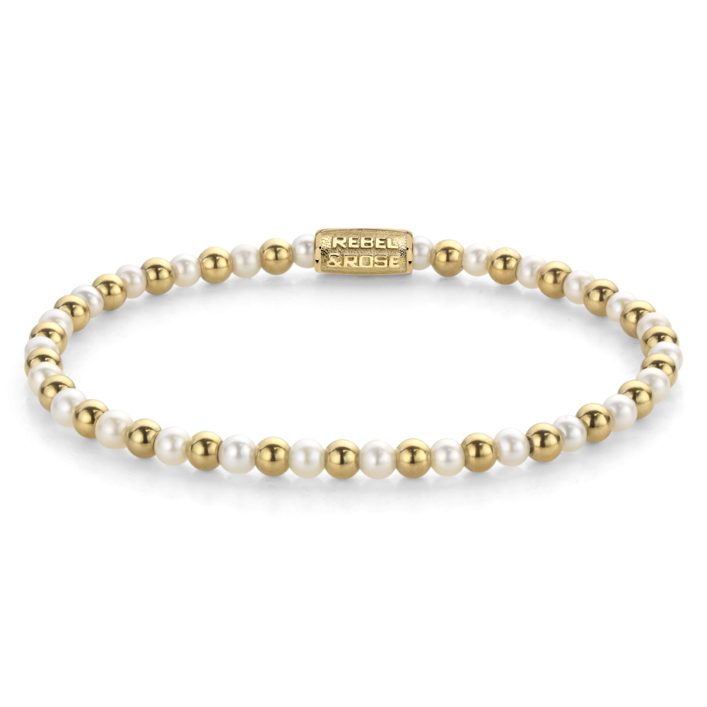 Pulsera de perlas de 4 mm con cuentas doradas y perlas blancas.