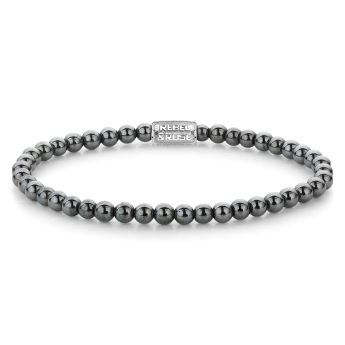 Pulsera de cuentas de hombre en plata gris brillante de 4 mm.