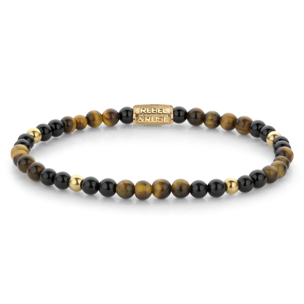 Pulsera de cuentas de 4 mm con piedras de ojo de tigre y ónix, con detalles en oro amarillo ionizado.