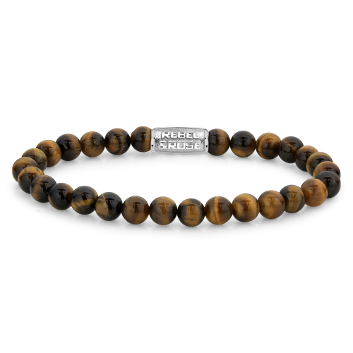 Pulsera de cuentas de 6 mm en piedra ojo de tigre con detalle metálico en el centro.