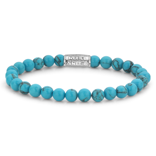 Pulsera de turquesa de 6 mm con detalles plateados en el centro.