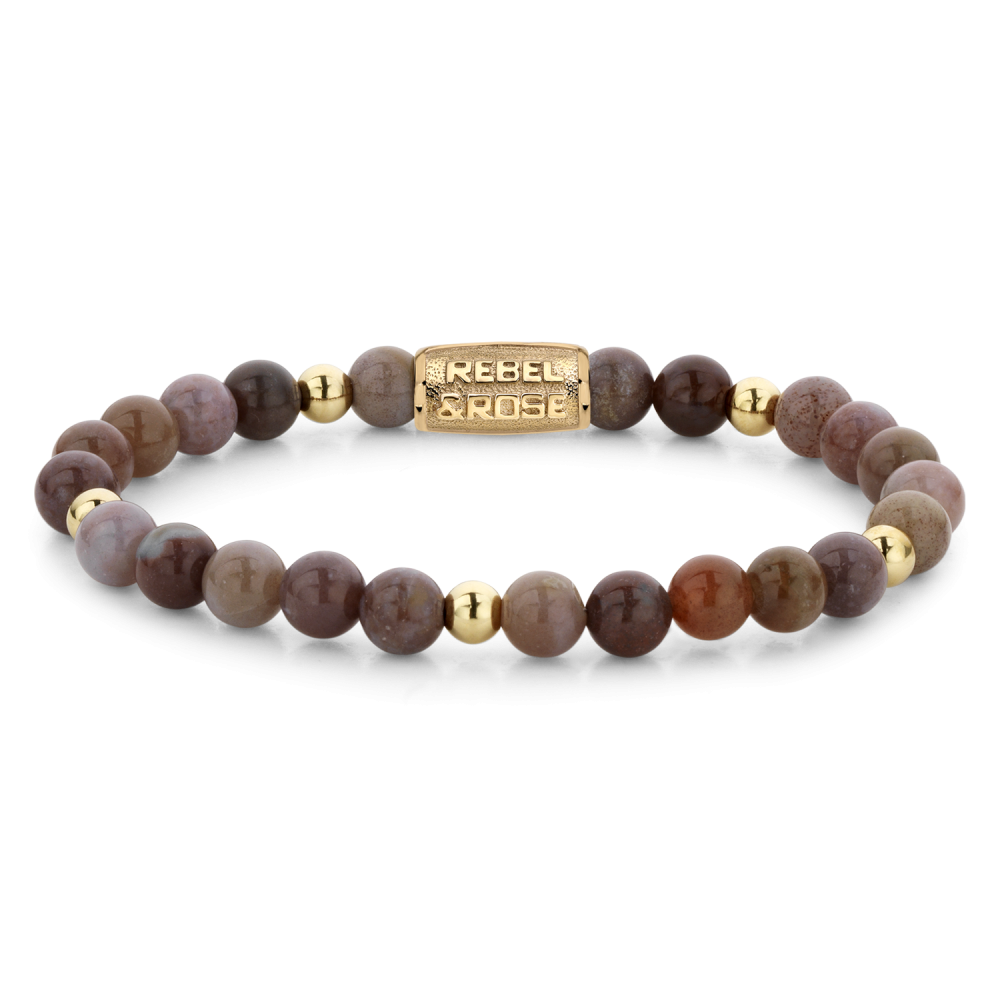 Pulsera de cuentas de 6 mm en tonos marrones y dorados, con detalles en oro amarillo ionizado.