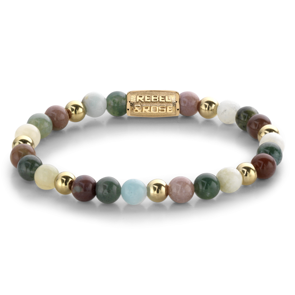 Pulsera de cuentas de 6 mm en tonos verdes, rosas y azules con detalles en oro amarillo ionizado.