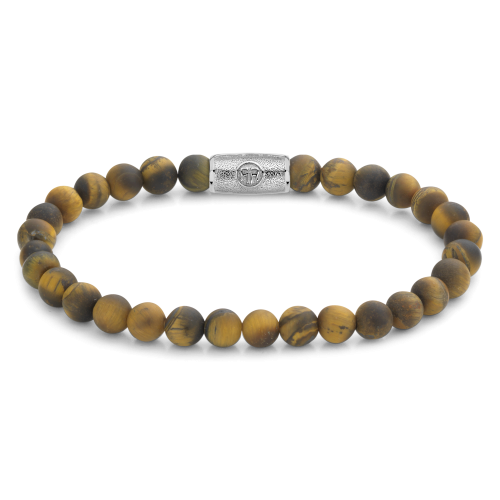 Pulsera de cuentas de 6 mm en tonos marrones y dorados con cierre plateado.