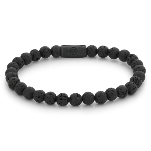 Pulsera de cuentas negra de 6 mm, hecha de lava volcánica con cierre negro.