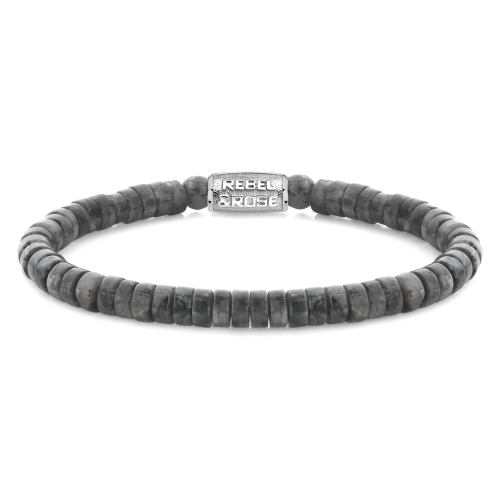 Pulsera de cuentas gris de 6 mm con detalles plateados y diseño sencillo.