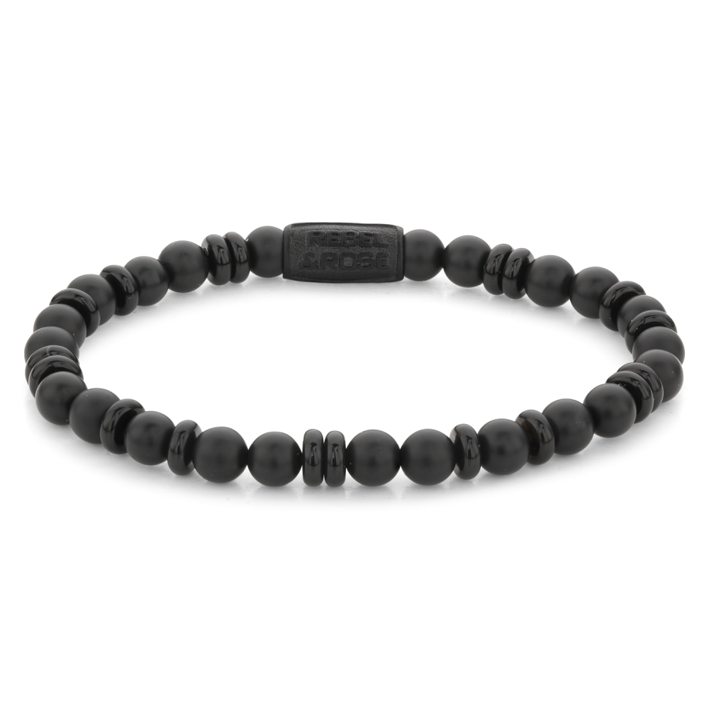Pulsera de cuentas negras de 6 mm para hombre con detalles en relieve.