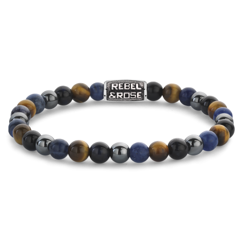 Pulsera de cuentas para hombre de 6 mm en tonos azules y negros con detalle metálico.