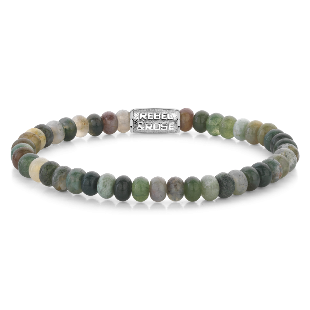 Pulsera de cuentas para hombres con rodajas redondas de 6 mm en tonos verdes y grises.