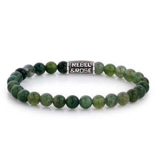 Pulsera de hombre de cuentas de 6 mm en tonos verdes con detalle metálico en el centro.