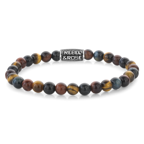 Pulsera de piedras de ojo de tigre de 6 mm con detalle en metal negro.