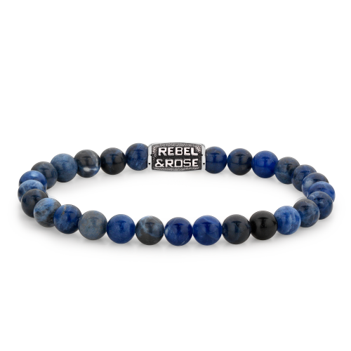 Pulsera de hombre de 6 mm con cuentas azul medianoche y detalles en metal.