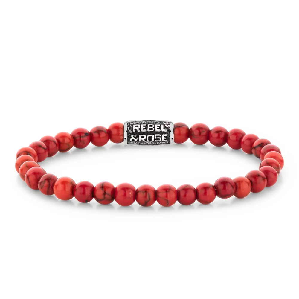 Pulsera de cuentas rojas de 6 mm con detalle metálico en el centro.