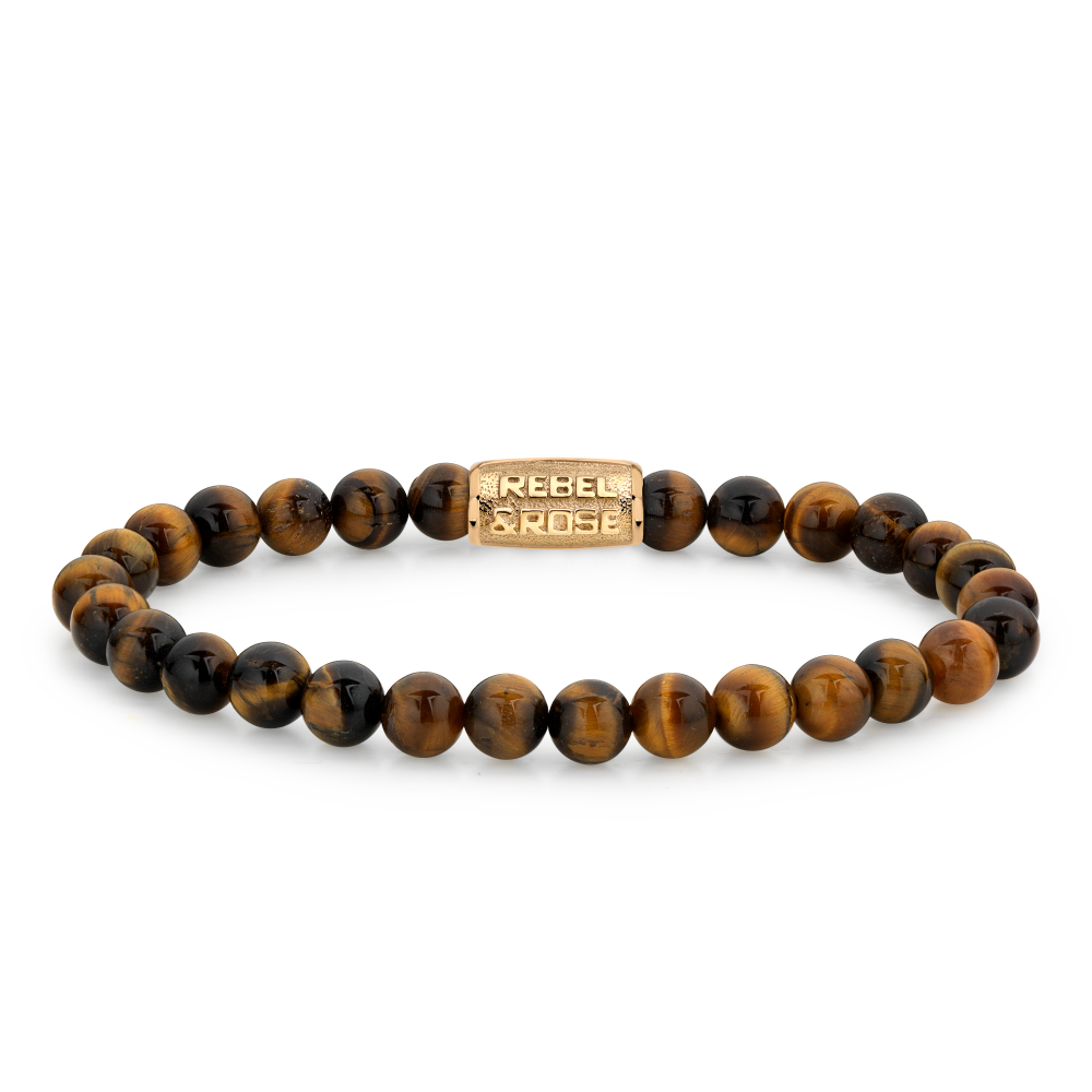 Pulsera de cuentas de 6 mm en tonos marrones y negros, con cierre dorado.