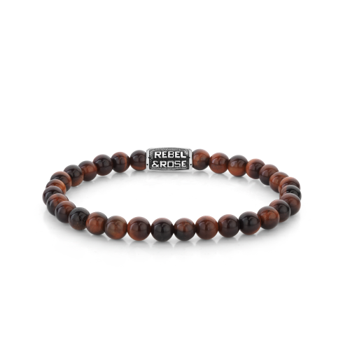 Pulsera de cuentas para hombre de 6 mm en tonos rojos y marrones con detalle metálico.