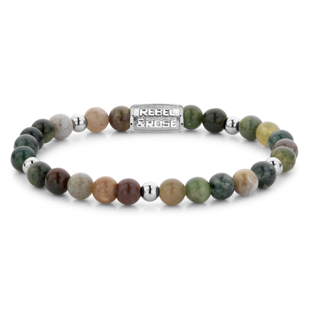 Pulsera de cuentas de 6 mm en tonos verdes, marrones y grises con detalles plateados.
