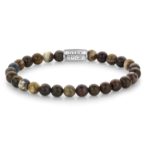 Pulsera de cuentas para hombre de 6 mm en tonos marrones y grises, con detalle metálico en el centro.