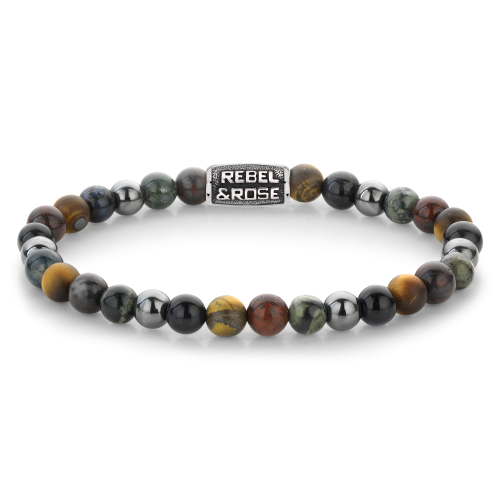 Pulsera de cuentas para hombre de 6 mm con piedras multicolores y detalle metálico en el centro.