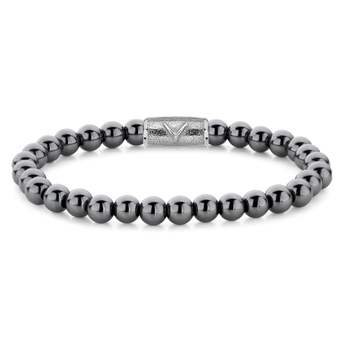 Pulsera de cuentas de 6 mm en plata gris brillante con cierre decorativo.